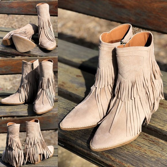 Fringe Tassel Faux Suede Pointy Toe Block Heel Western Booties Boots Taupe - Picture 6 of 13